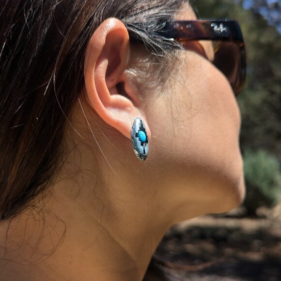Navajo Shadow Box Turquoise Stud Earrings Sterling Silver Native Am Jewelry*** - Picture 6 of 10